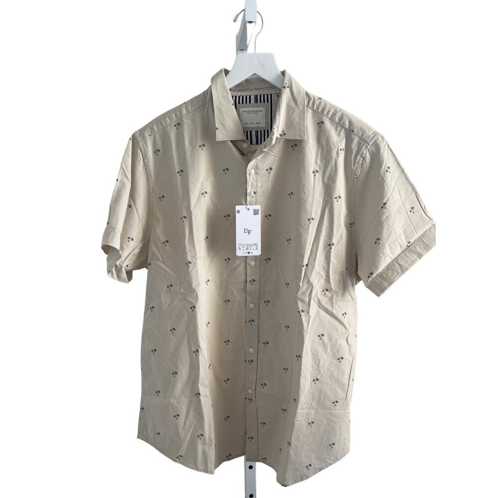 Denim & Flower Palm Print Button Down Shirt